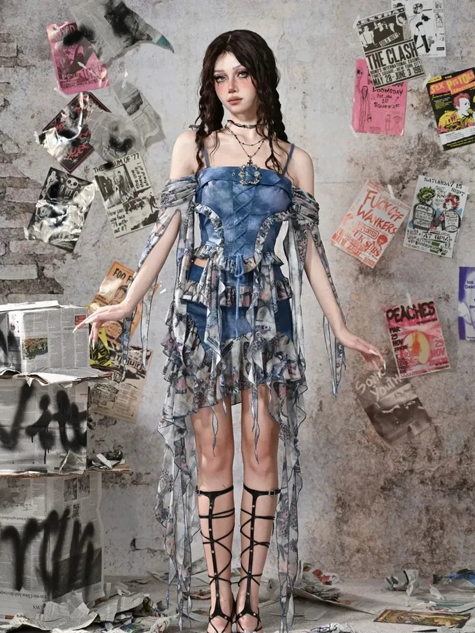 Virtual Orbit Y2k Grunge Fairy Butterfly Print Mesh Corset Top