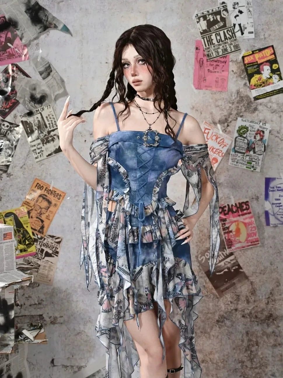 Virtual Orbit Y2k Grunge Fairy Butterfly Print Mesh Corset Top