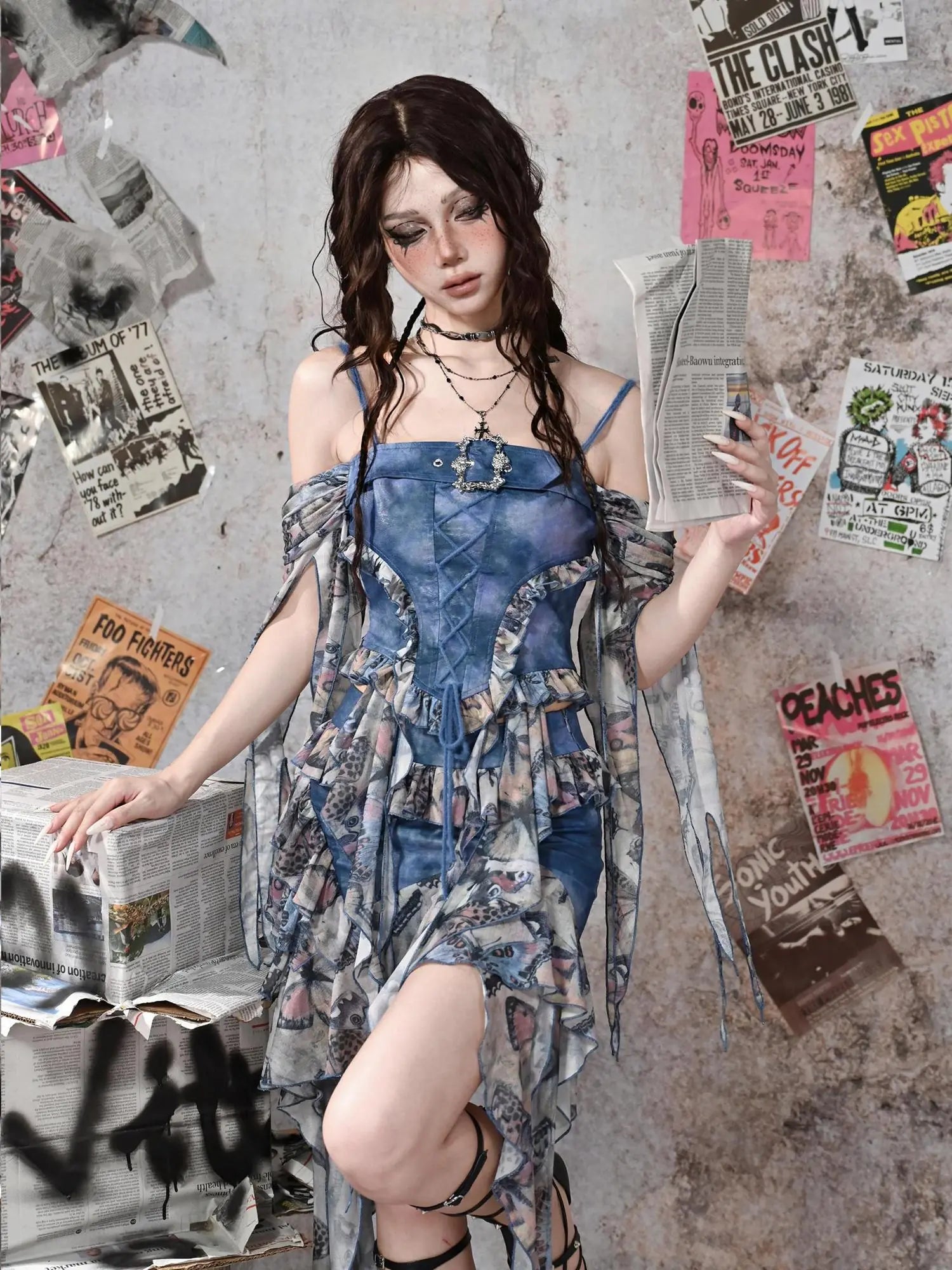 Virtual Orbit Y2k Grunge Fairy Butterfly Print Mesh Corset Top