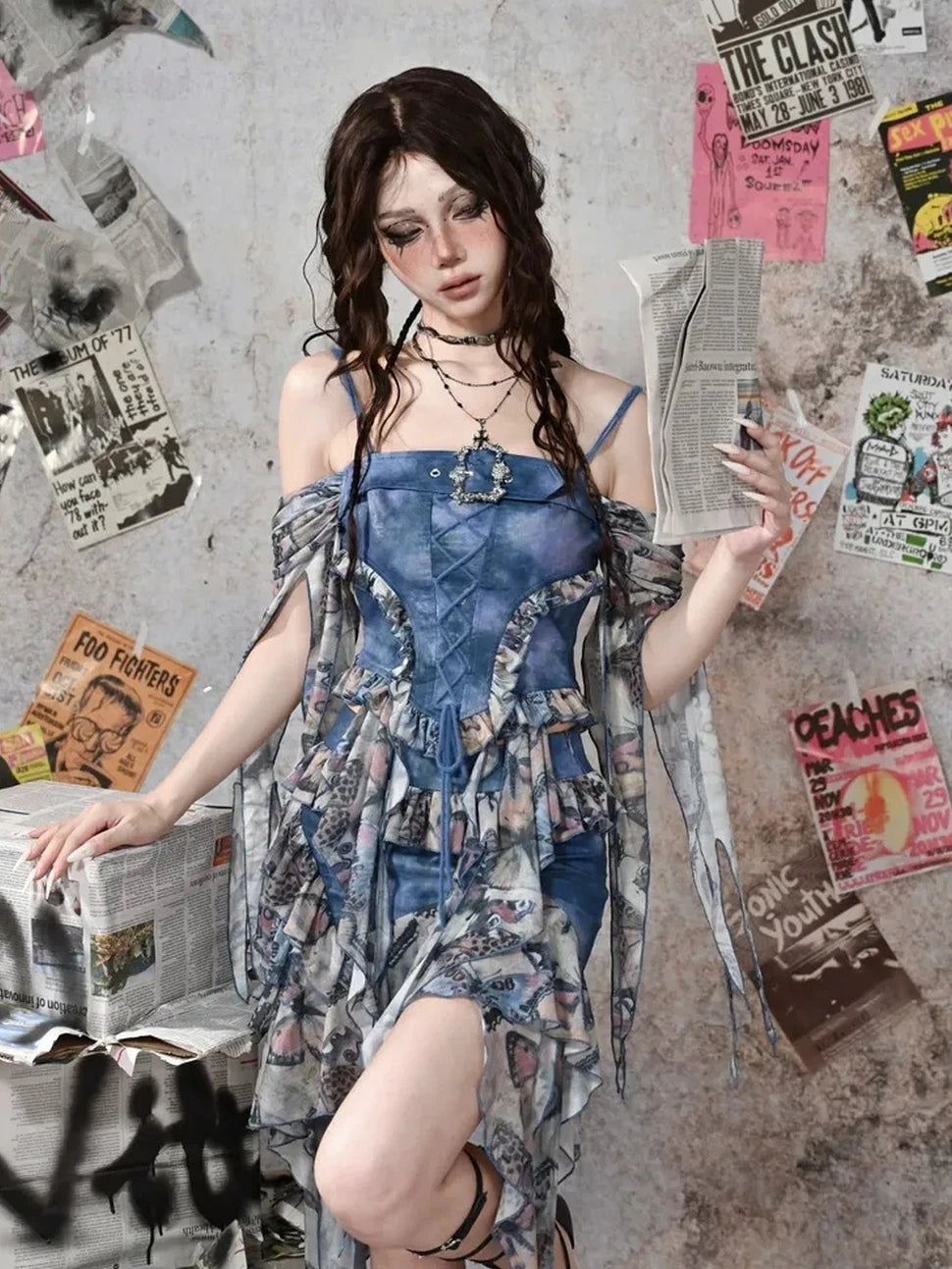 Virtual Orbit Y2k Grunge Fairy Butterfly Print Mesh Corset Top