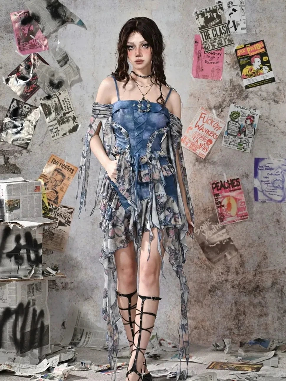 Virtual Orbit Y2k Grunge Fairy Butterfly Print Mesh Corset Top