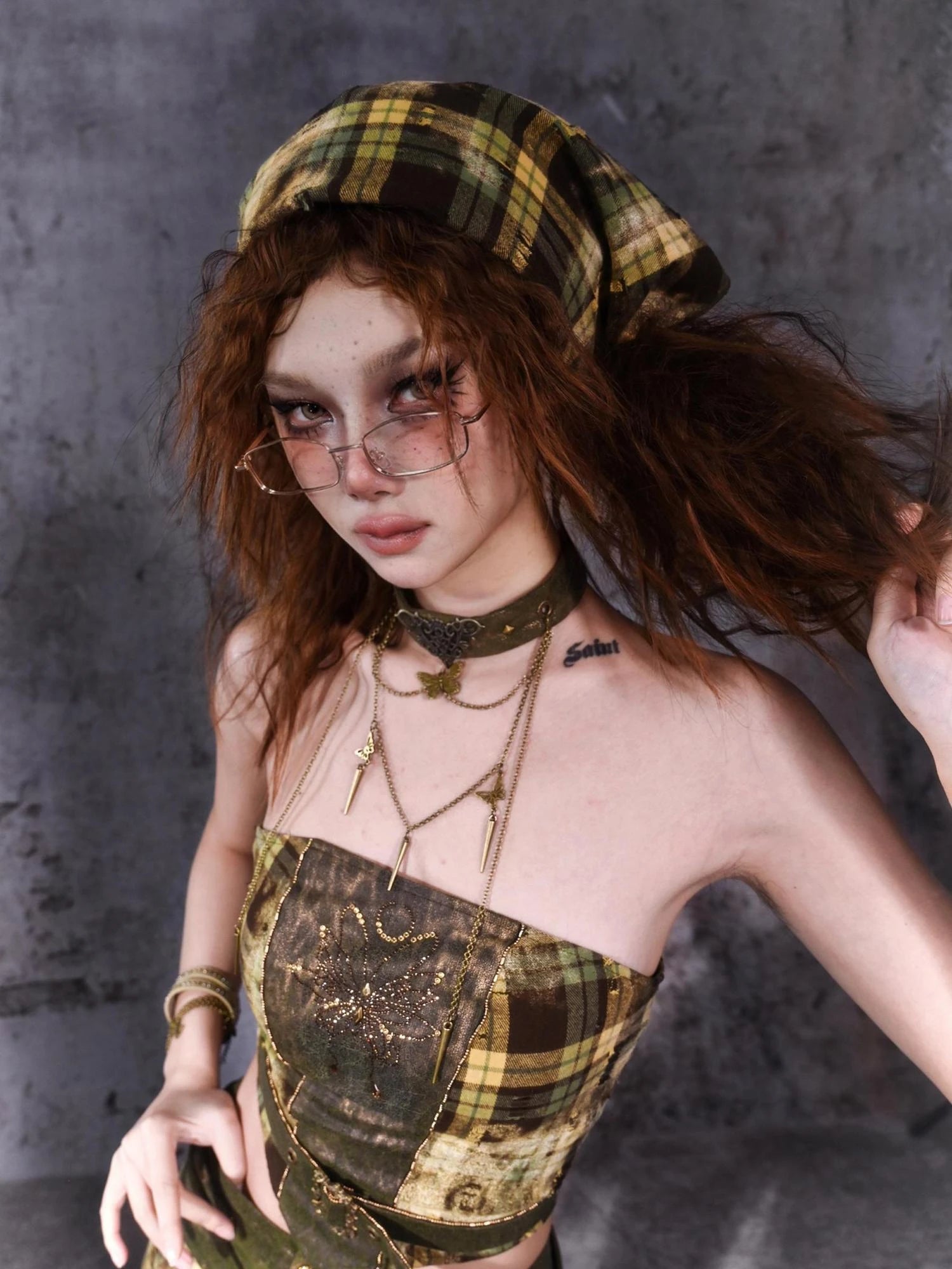 Virtual Orbit Y2k Punk Plaid Bandana Headscarf Hair Accessory