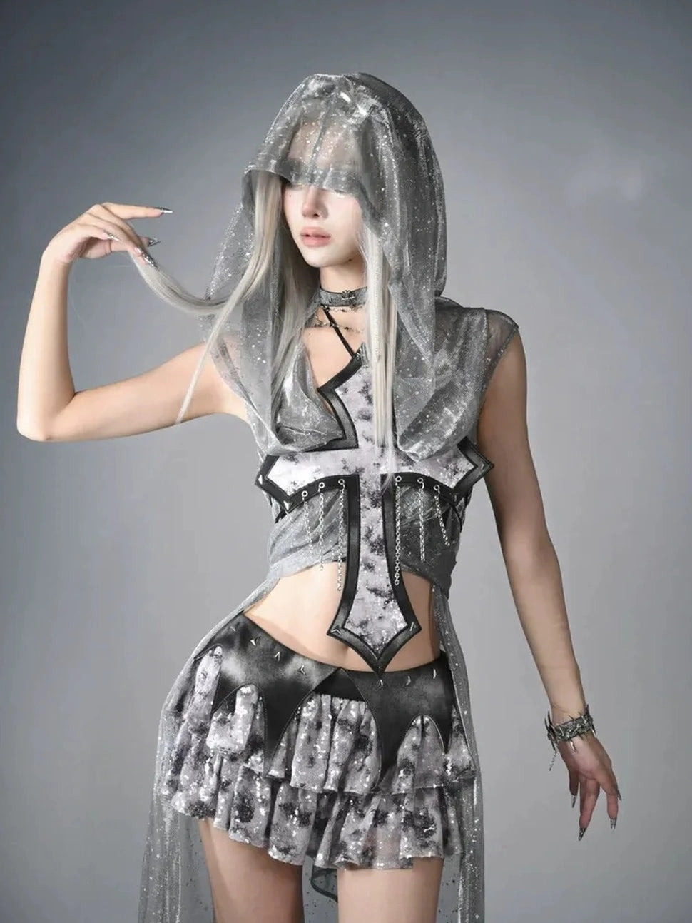 Virtual Orbit Y3K Cyberpunk Layered Mini Skirt With Studs And Sequins