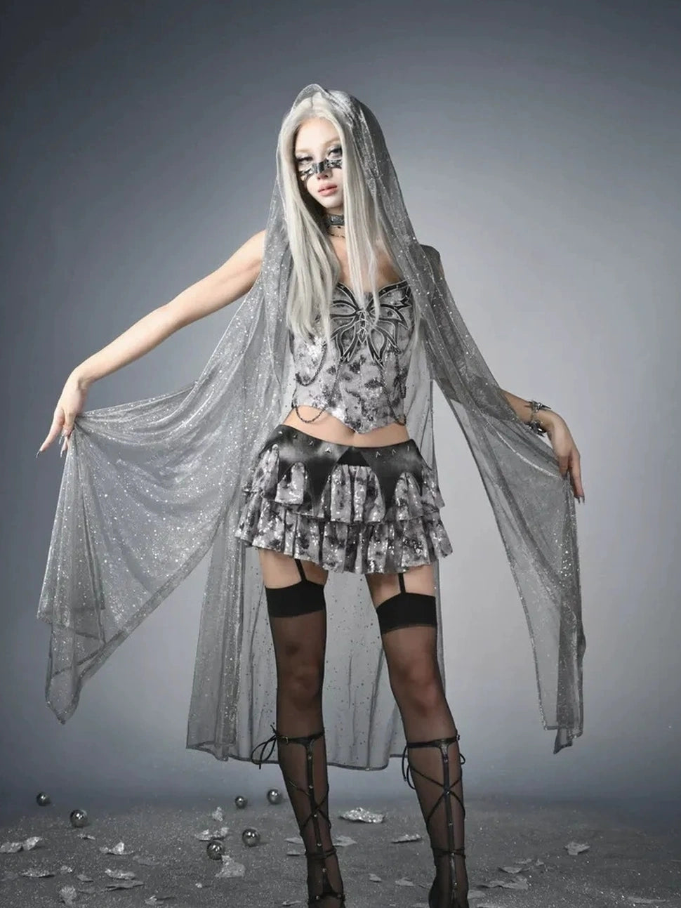 Virtual Orbit Y3K Cyberpunk Layered Mini Skirt With Studs And Sequins