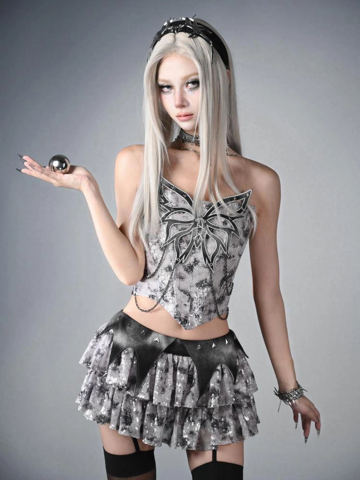 Virtual Orbit Y3K Cyberpunk Layered Mini Skirt With Studs And Sequins