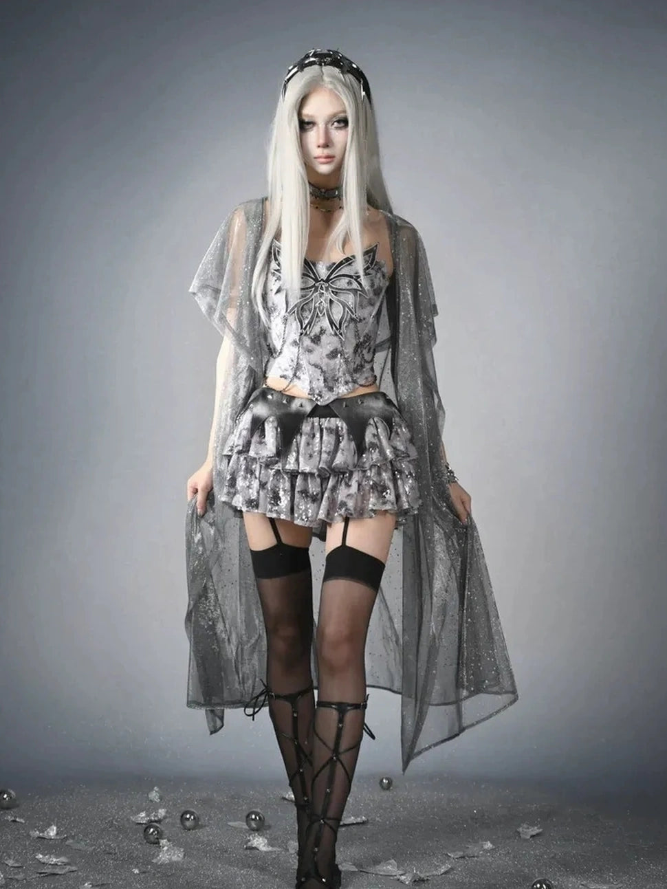Virtual Orbit Y3K Cyberpunk Layered Mini Skirt With Studs And Sequins