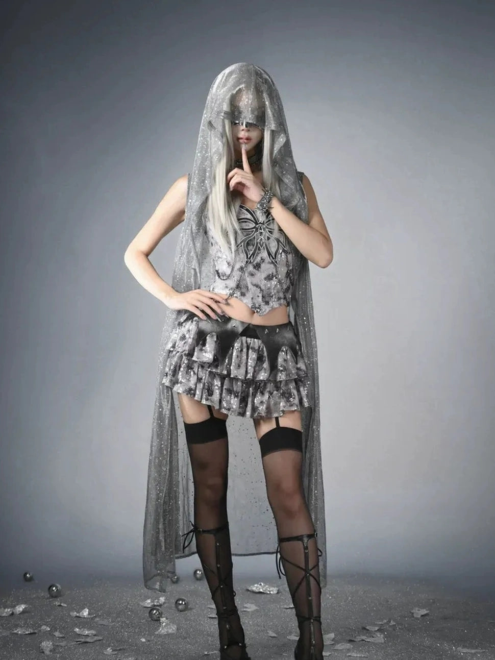 Virtual Orbit Y3K Cyberpunk Layered Mini Skirt With Studs And Sequins