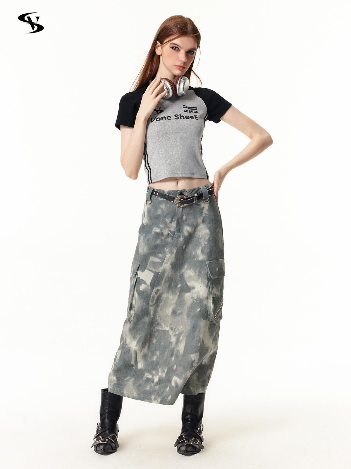 Vone SheeE American Retro Color Block Letter Print Short Sleeve Slim Fit Women&