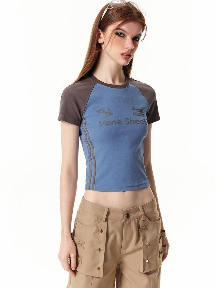 Vone SheeE American Retro Color Block Letter Print Short Sleeve Slim Fit Women&