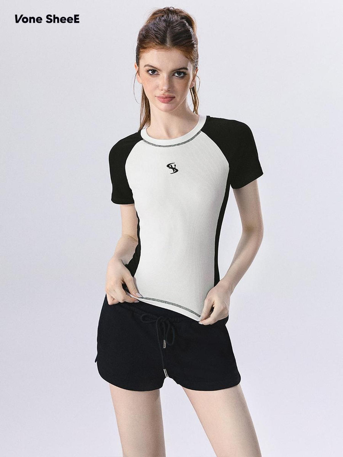 Vone SheeE American Retro Color Block Raglan Short Sleeve Women&