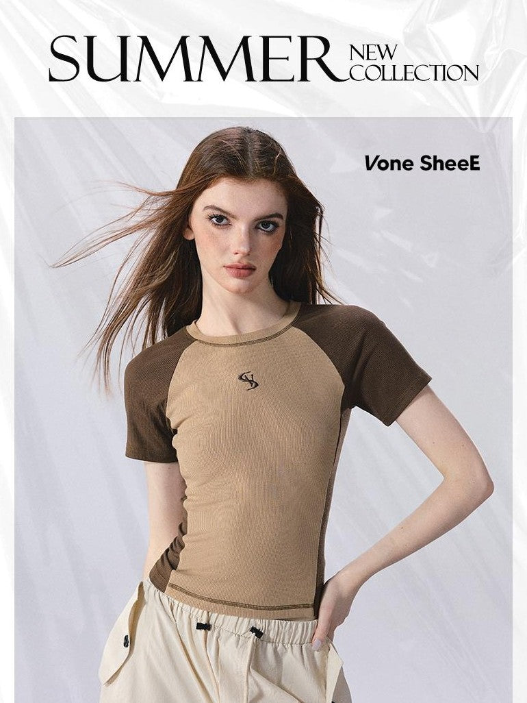 Vone SheeE American Retro Color Block Raglan Short Sleeve Women&