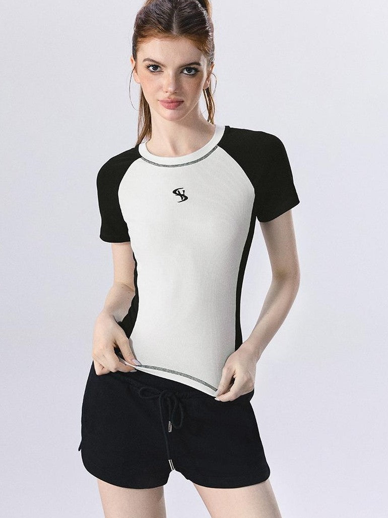 Vone SheeE American Retro Color Block Raglan Short Sleeve Women&
