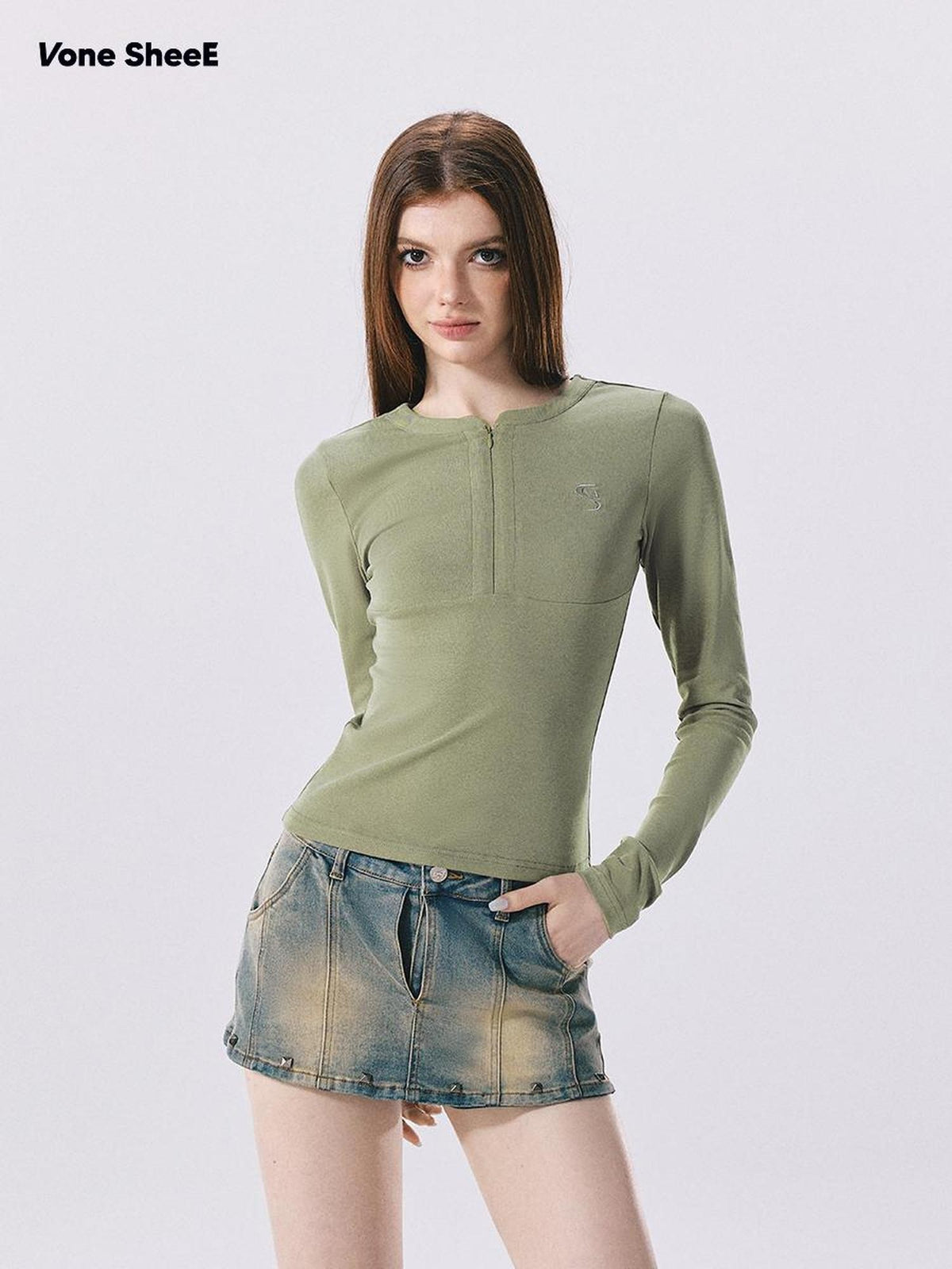 Vone SheeE American Retro Half Zip Slim Fit Women&