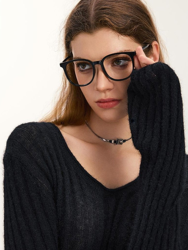 Vone SheeE American Retro U Neck Slim Fit Long Sleeve Pullover Knit Women&