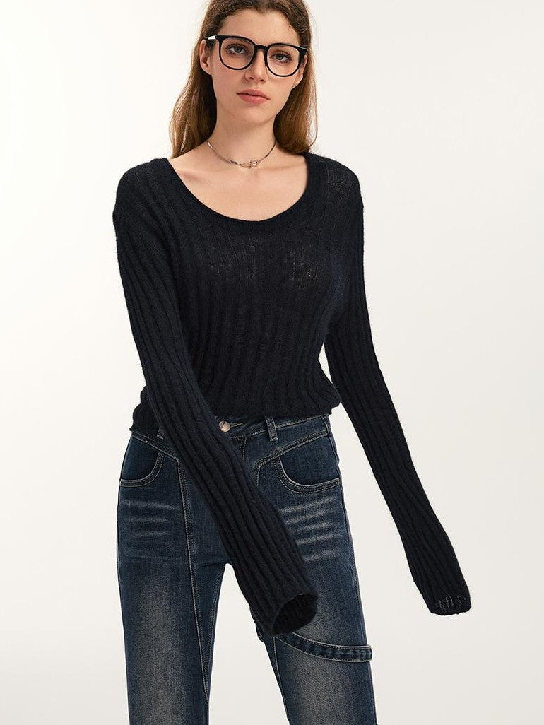 Vone SheeE American Retro U Neck Slim Fit Long Sleeve Pullover Knit Women&