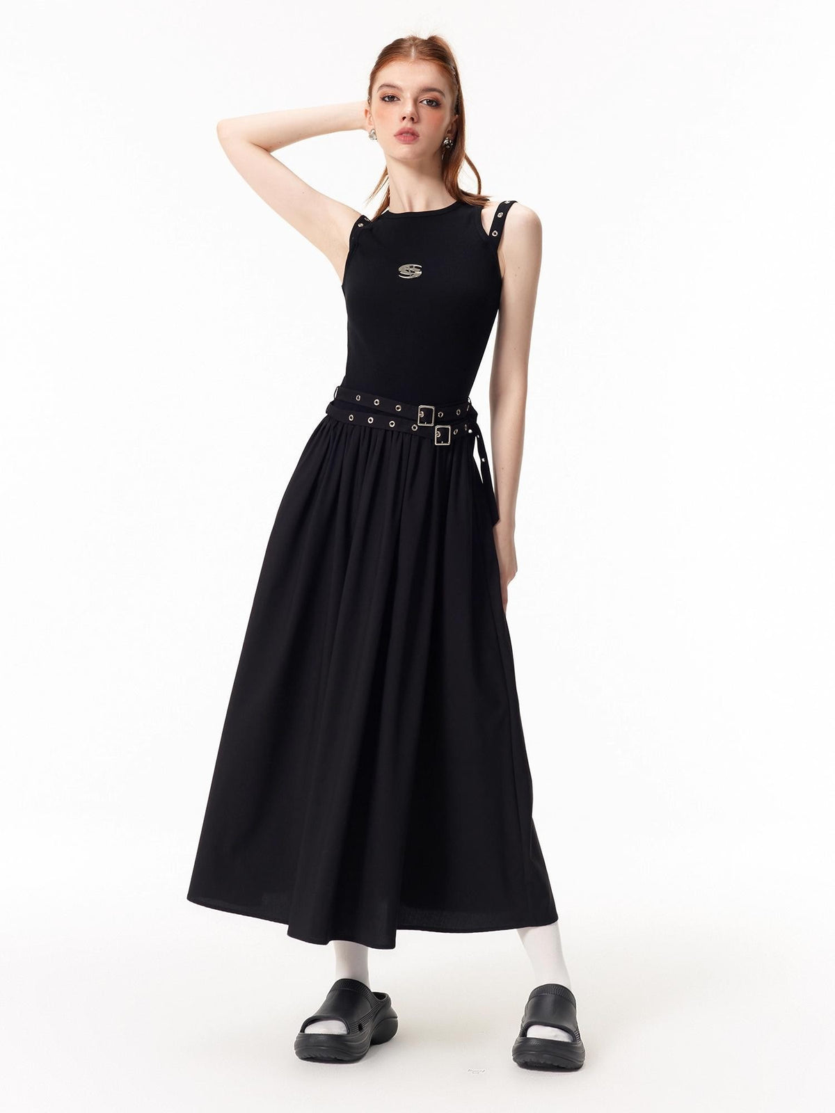 Vone SheeE Black Sleeveless Round Neck Cotton Blend Women&