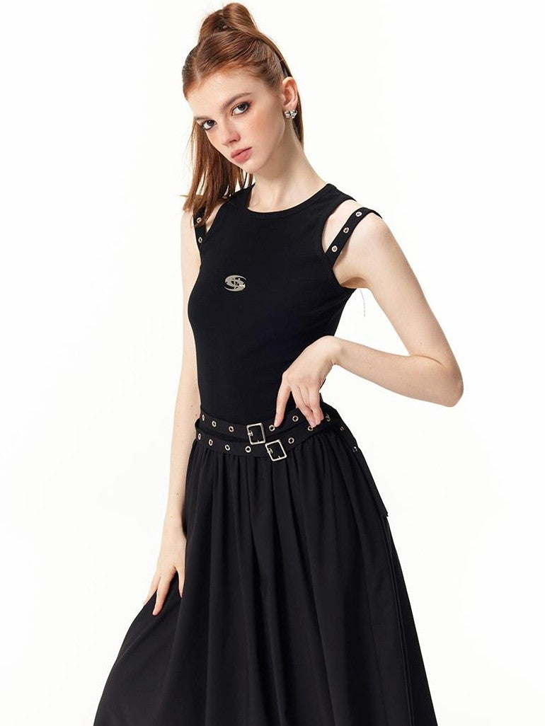 Vone SheeE Black Sleeveless Round Neck Cotton Blend Women&