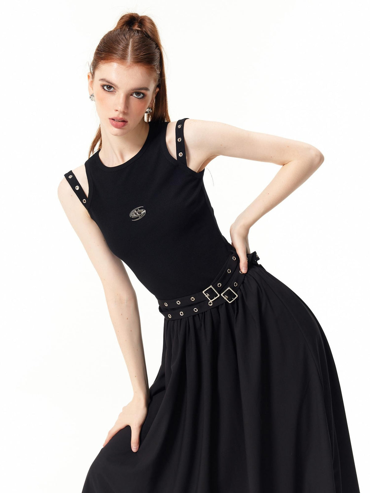 Vone SheeE Black Sleeveless Round Neck Cotton Blend Women&