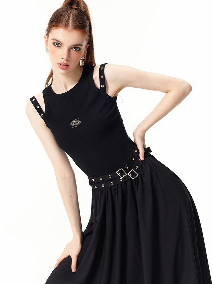 Vone SheeE Black Sleeveless Round Neck Cotton Blend Women&