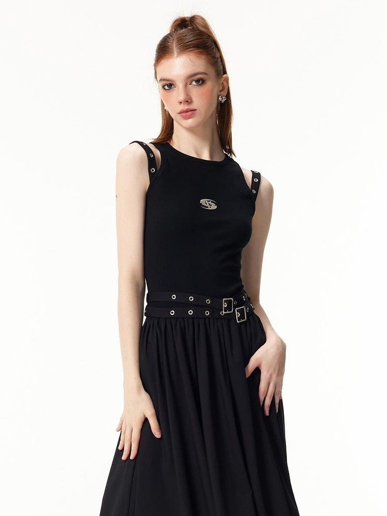 Vone SheeE Black Sleeveless Round Neck Cotton Blend Women&