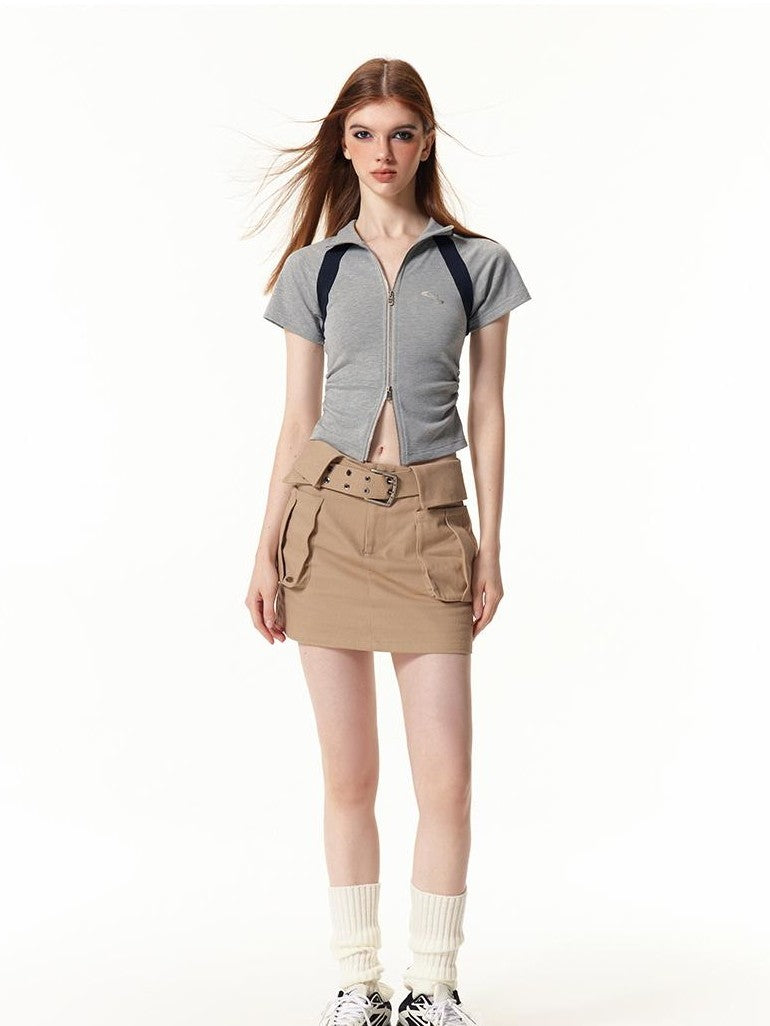 Vone SheeE Color Block High Neck Short Sleeve Slim Fit Women&