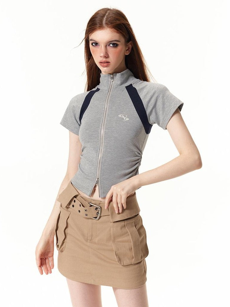 Vone SheeE Color Block High Neck Short Sleeve Slim Fit Women&