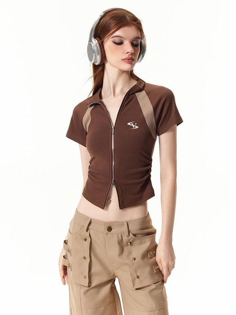 Vone SheeE Color Block High Neck Short Sleeve Slim Fit Women&