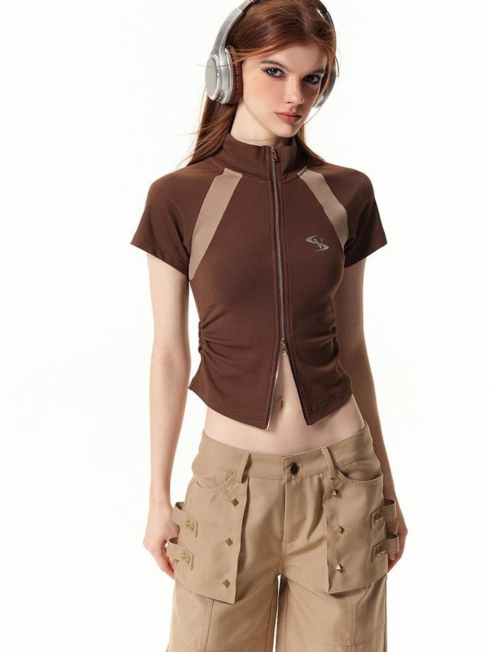Vone SheeE Color Block High Neck Short Sleeve Slim Fit Women&