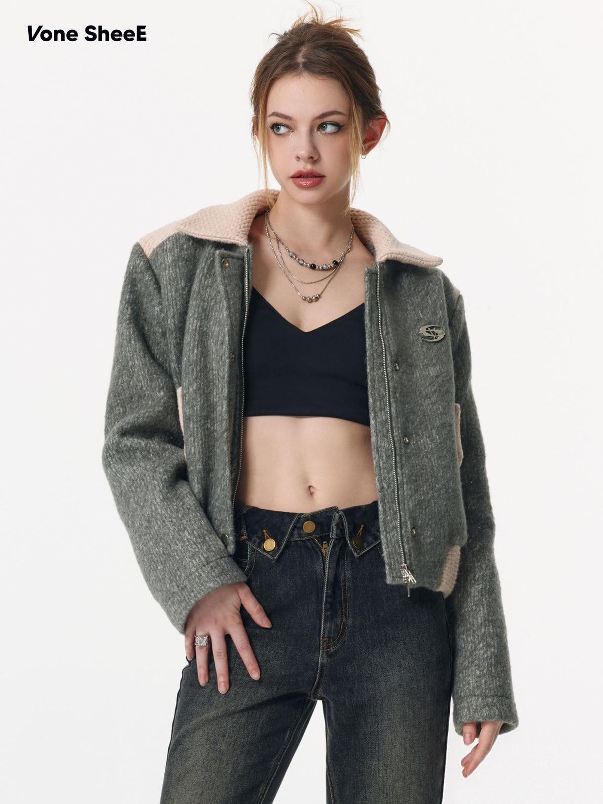Vone SheeE Color Block Plaid Padded Quilted Zip Up Women&