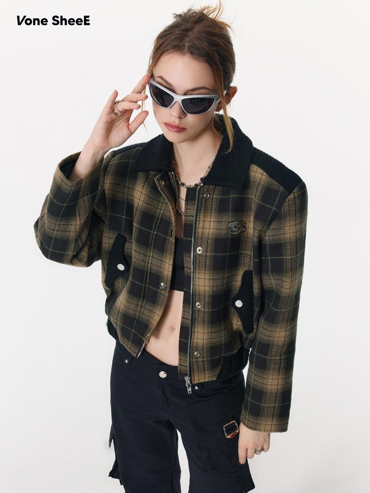 Vone SheeE Color Block Plaid Padded Quilted Zip Up Women&