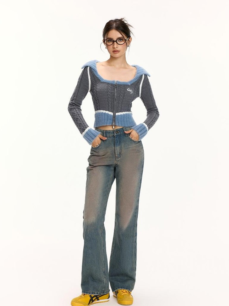 Vone SheeE Color Block Square Neck Zip Up Women&