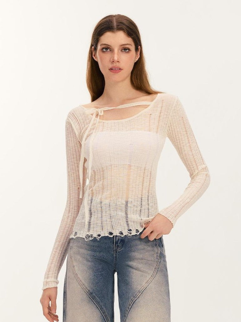Vone SheeE Distressed Slim Fit Sweet Round Neck Women&