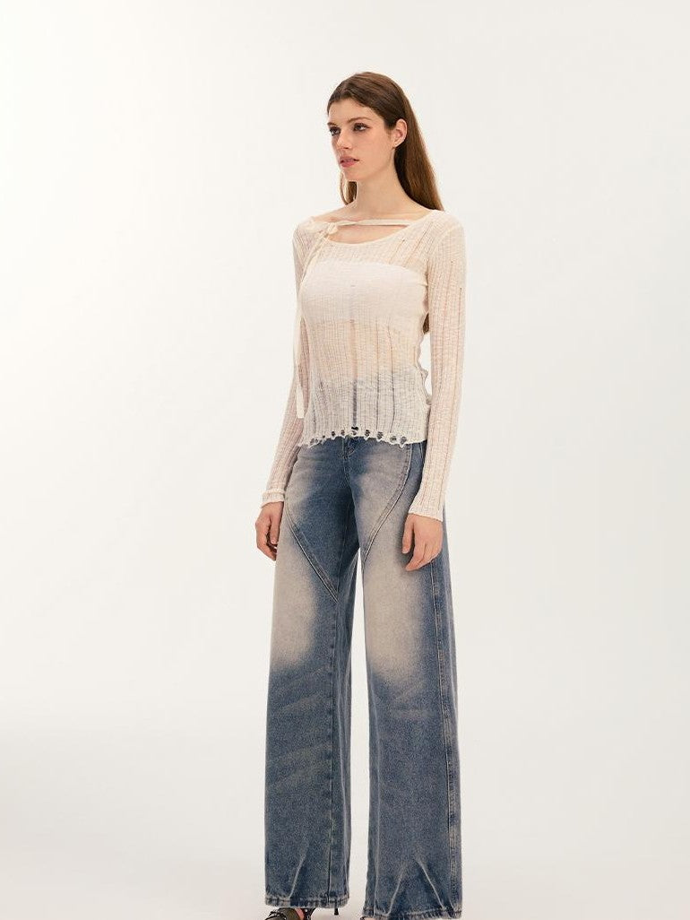 Vone SheeE Distressed Slim Fit Sweet Round Neck Women&