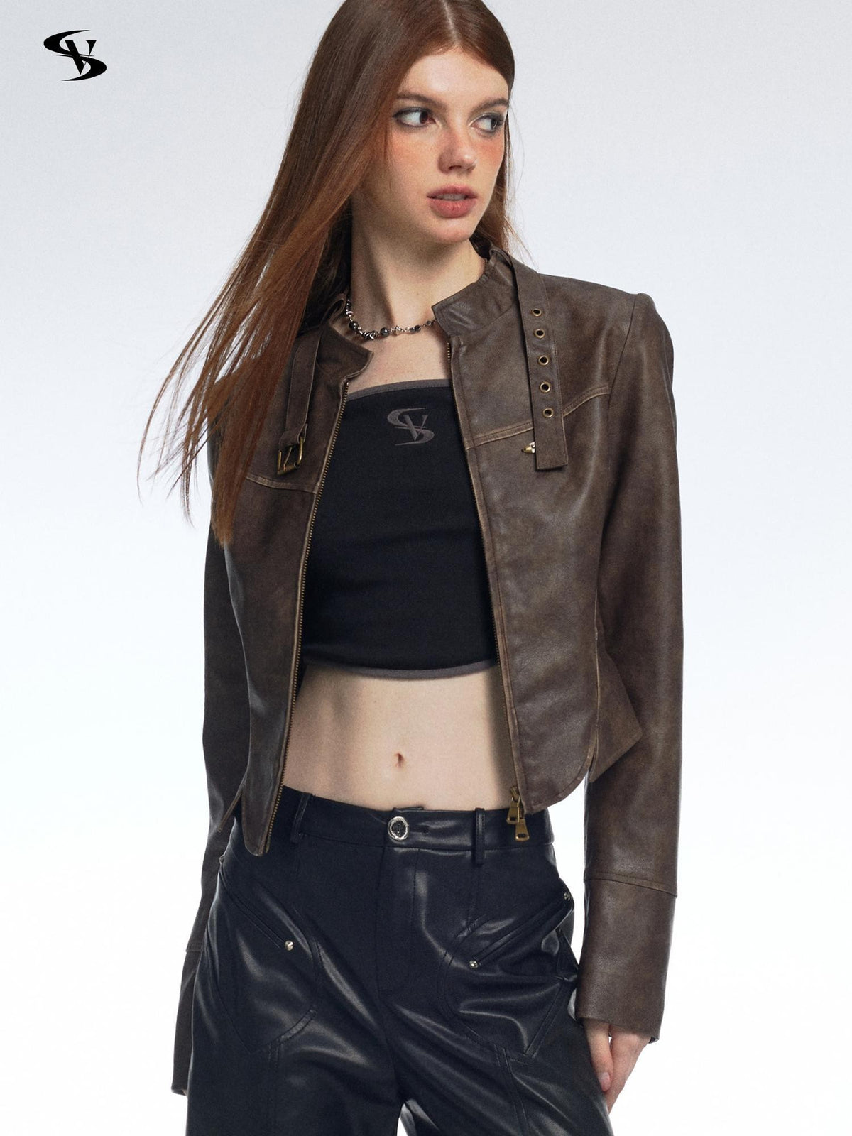 Vone SheeE Distressed Washed Moto Stand Collar Women&