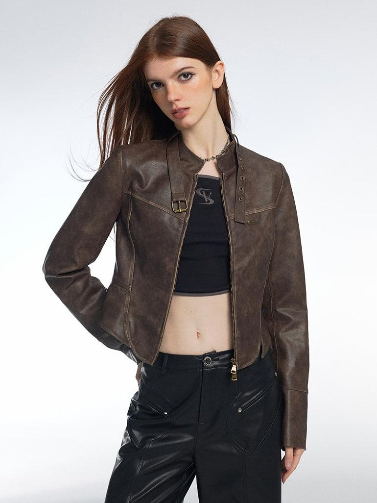 Vone SheeE Distressed Washed Moto Stand Collar Women&