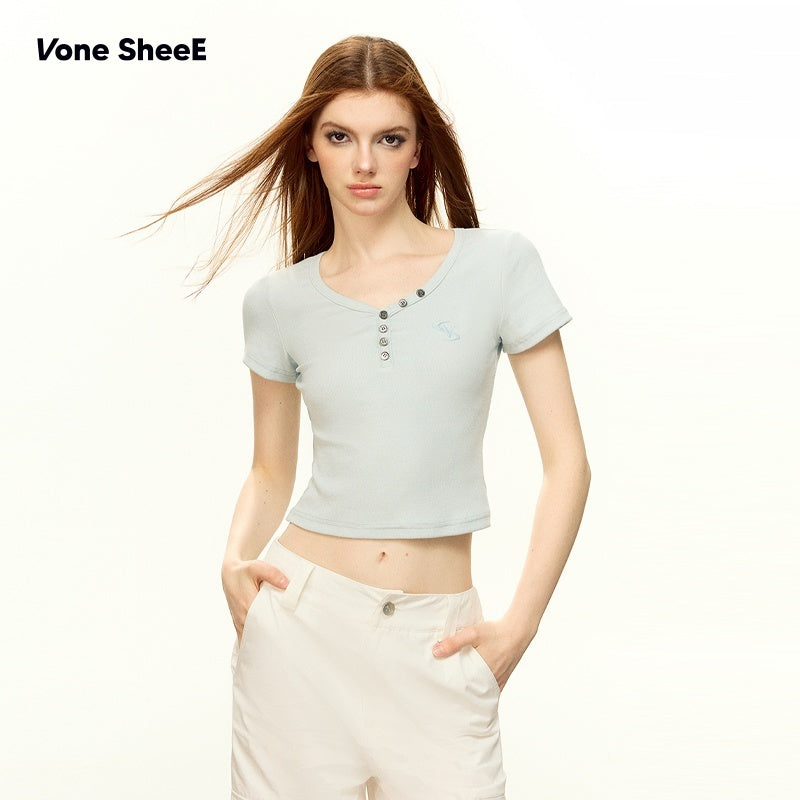 Vone_SheeE_Embroidered_V-neck_Short_Sleeve_Slim_Fit_Women&