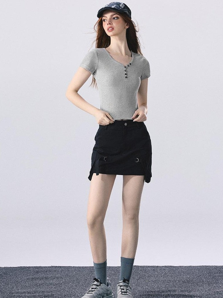 Vone SheeE Embroidered V-neck Short Sleeve Slim Fit Women&