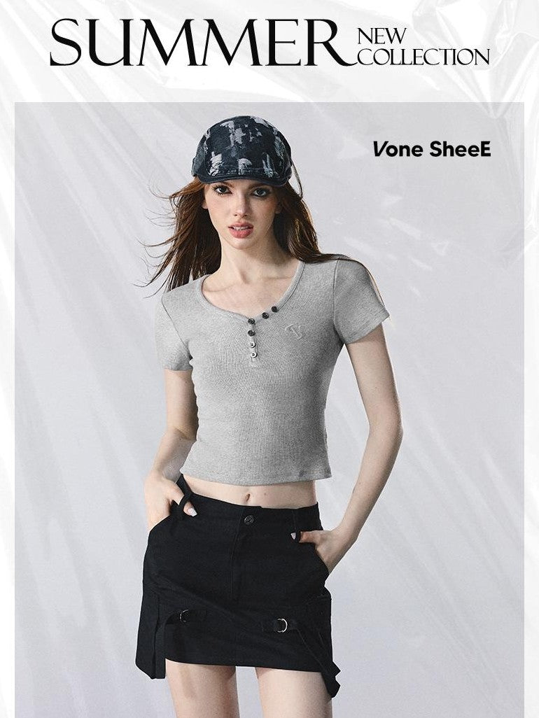 Vone SheeE Embroidered V-neck Short Sleeve Slim Fit Women&