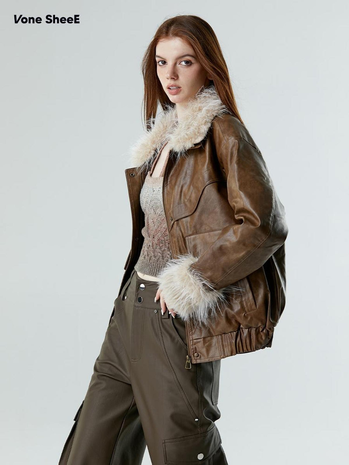 Vone SheeE Faux Fur Collar Paneled Pu Women&