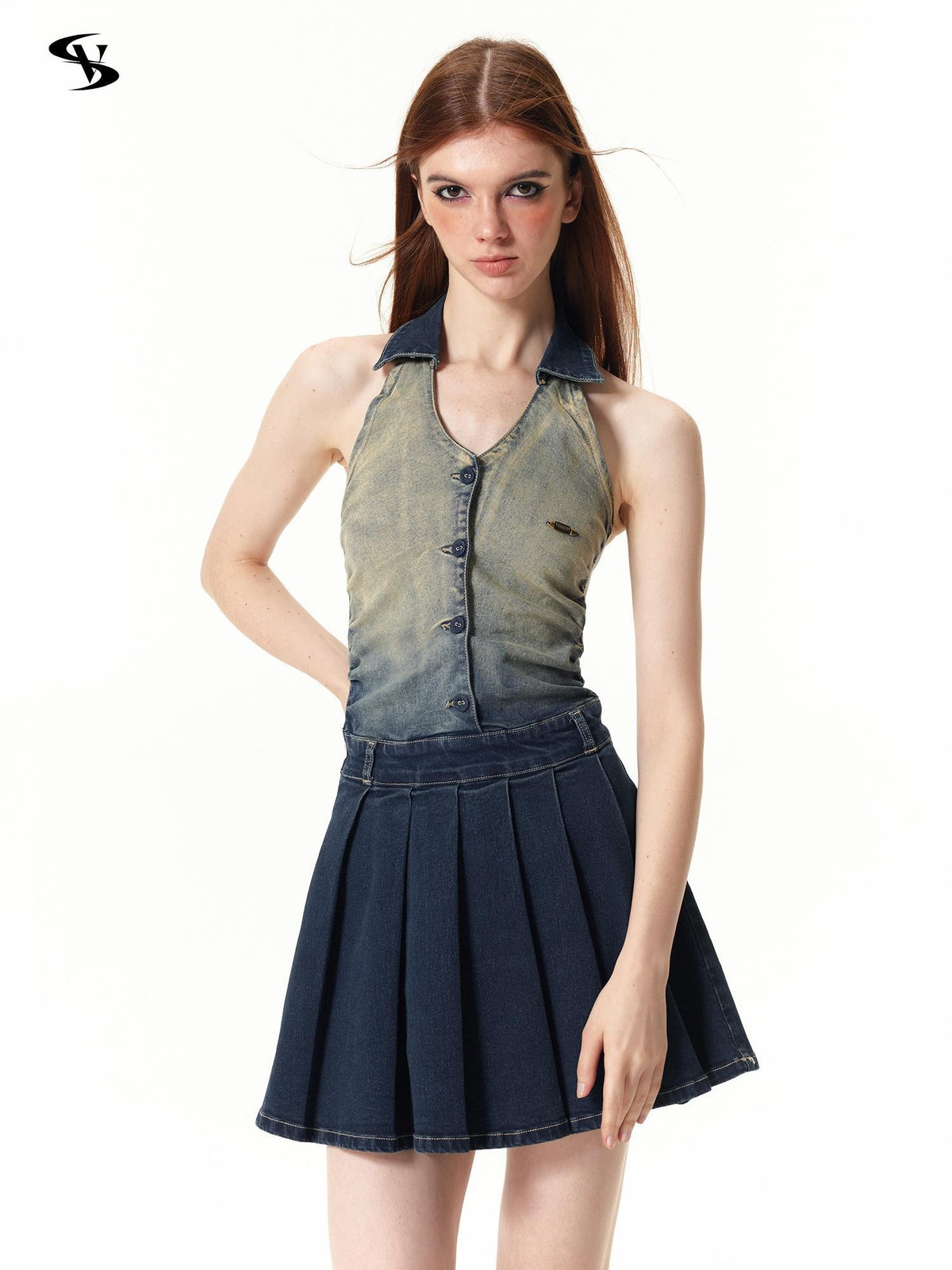 Vone SheeE Gradient Wash Pleated Backless Deep V Women&