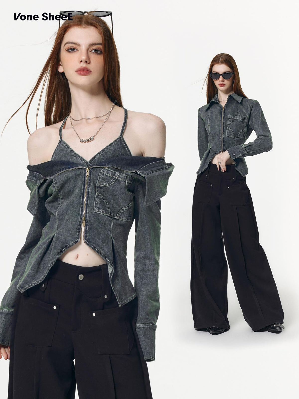Vone SheeE High Waist Split Slimming Zipper V-neck Denim Women&