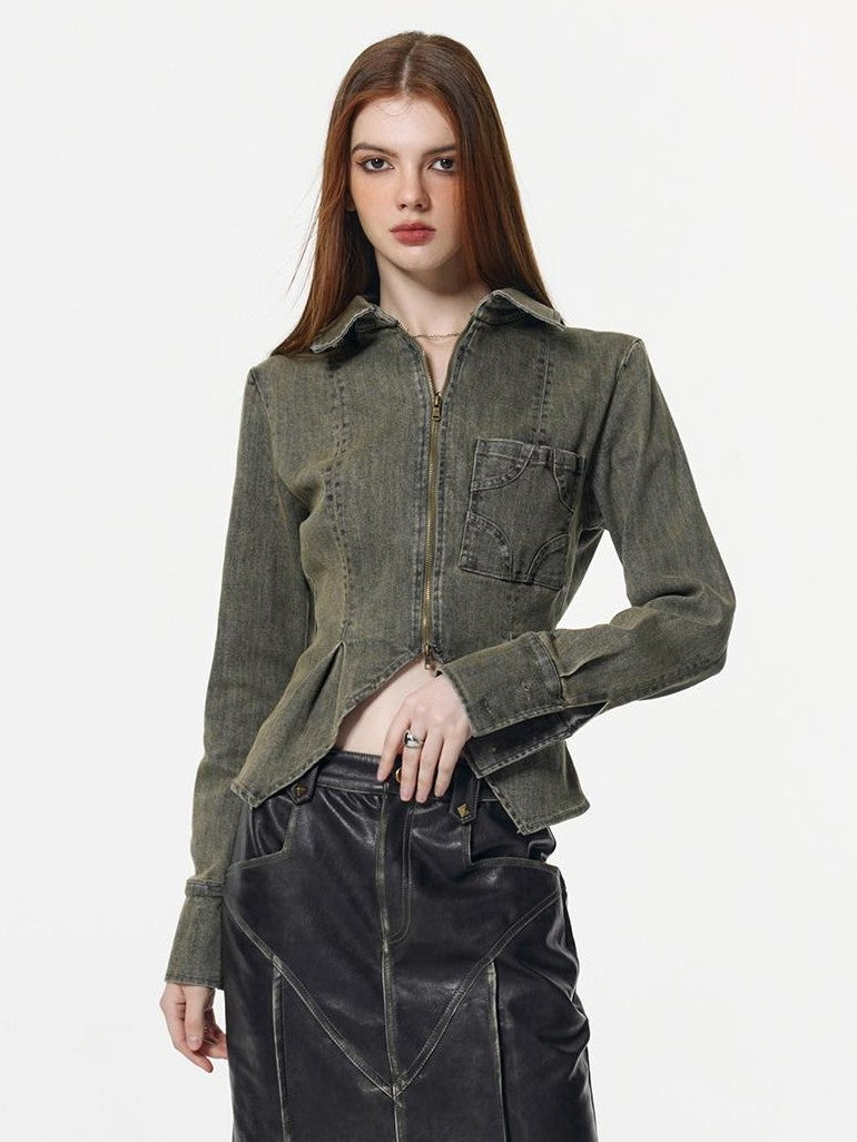 Vone SheeE High Waist Split Slimming Zipper V-neck Denim Women&
