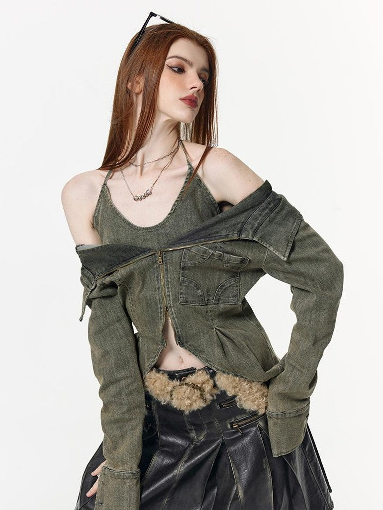 Vone SheeE High Waist Split Slimming Zipper V-neck Denim Women&