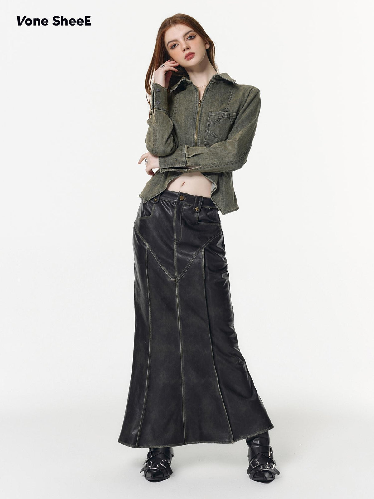 Vone SheeE High Waist Split Slimming Zipper V-neck Denim Women&