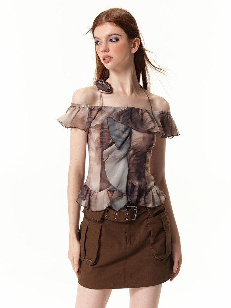 Vone SheeE Ruffled Rose Tie Dye Off Shoulder Women&