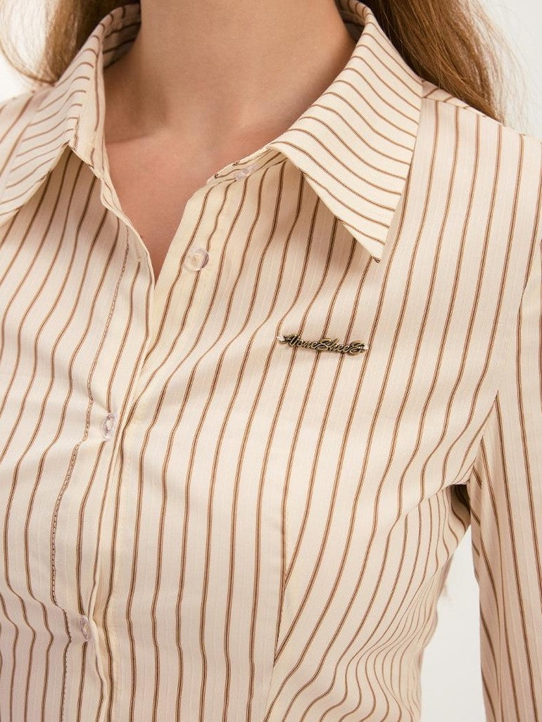 Vone SheeE Striped Slim Fit Waist Cinched Polo Collar Long Sleeve Women&
