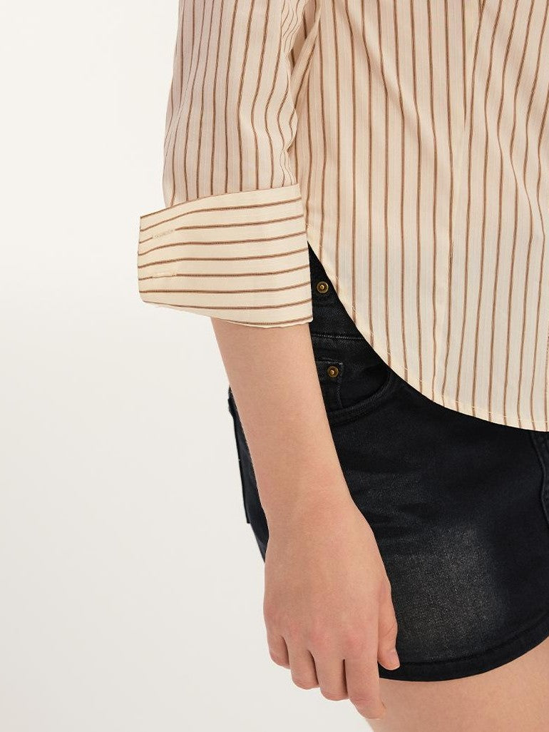 Vone SheeE Striped Slim Fit Waist Cinched Polo Collar Long Sleeve Women&