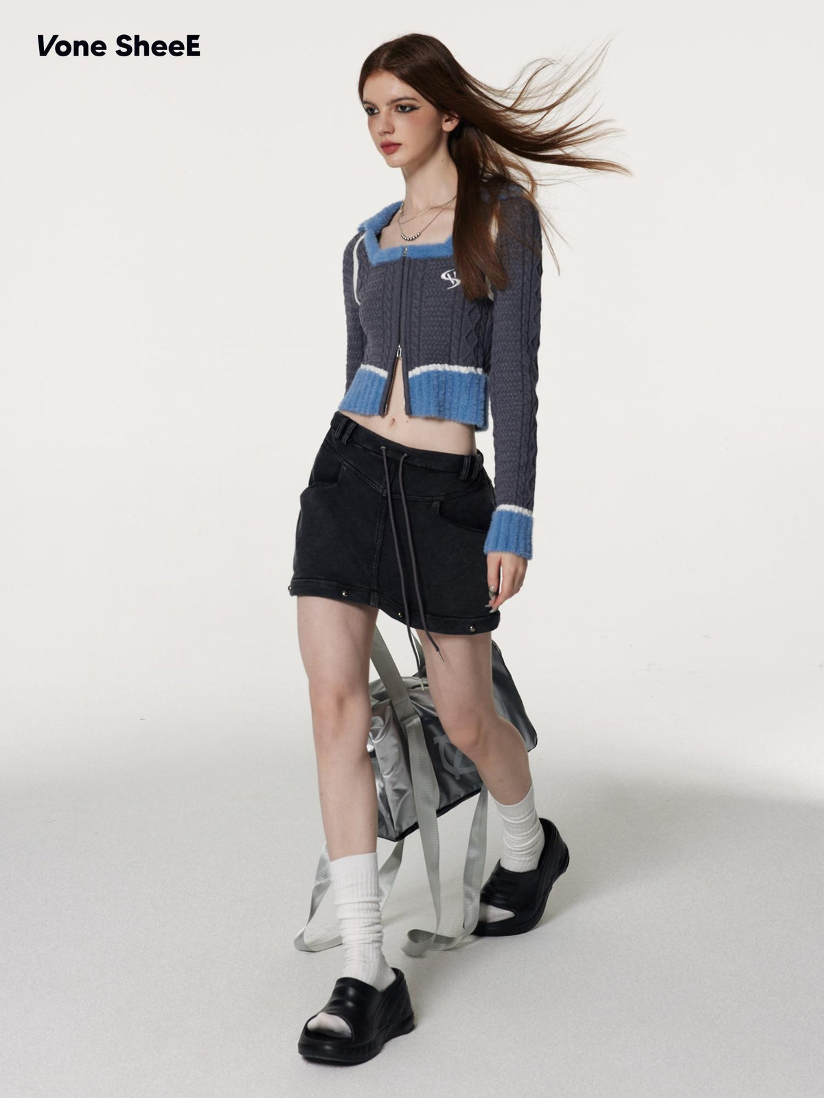 Vone SheeE Sweet Cool Square Neck Zipper Slim Fit Knit Women&