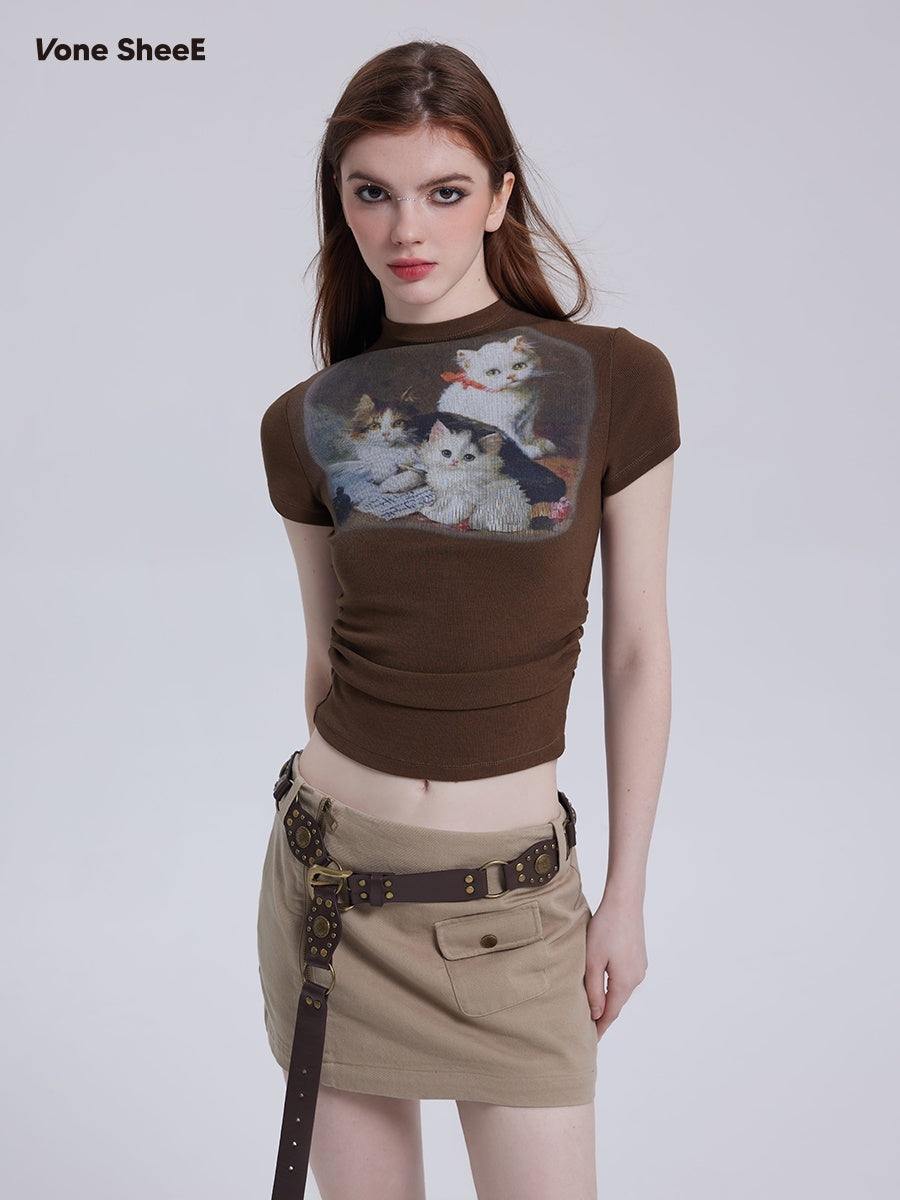 Vone_SheeE_Vintage_Cat_Print_Half_High_Neck_Short_Sleeve_Women&