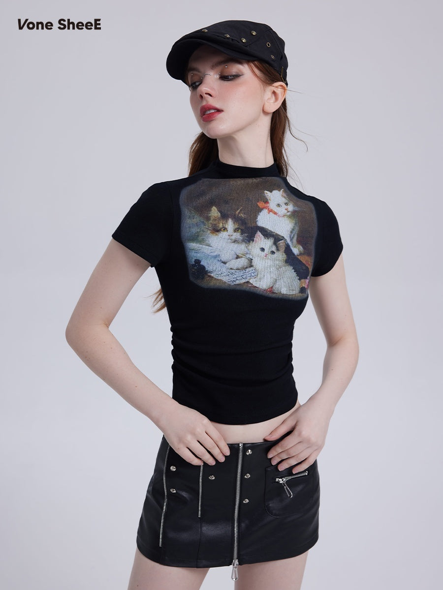 Vone_SheeE_Vintage_Cat_Print_Half_High_Neck_Short_Sleeve_Women&